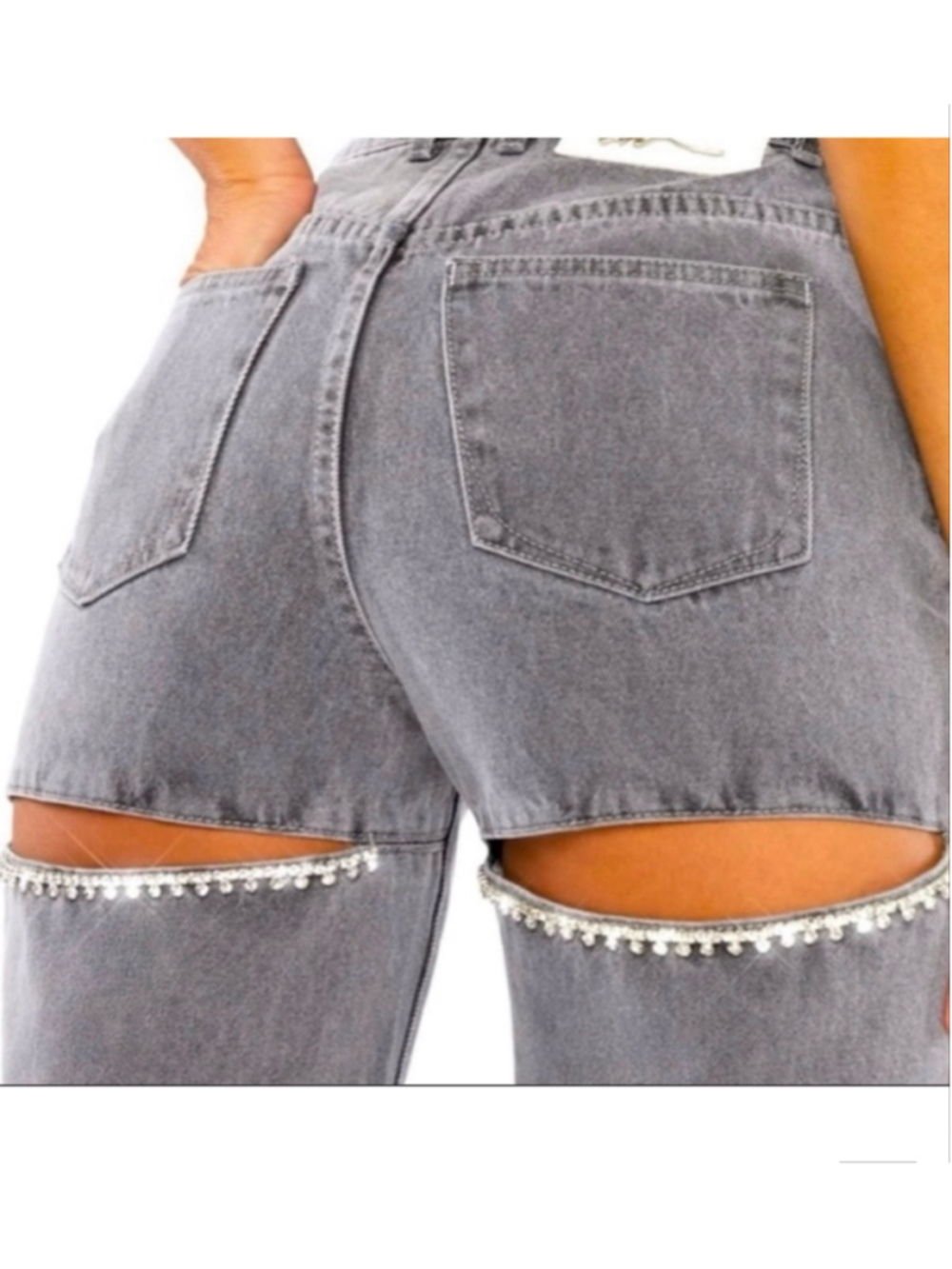 NWT Oh Polly High Rise Rhinestone Cut Out Wide Leg Jean Gray Stud- Size 6 Short
